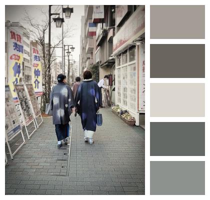 Walking Sidewalk Traditional Dress Japan Image