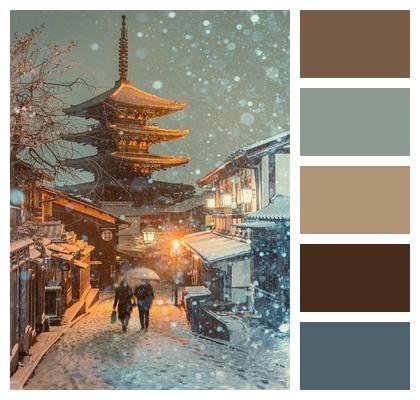Old Town Snow Scene Five Storey Tower Couple Image