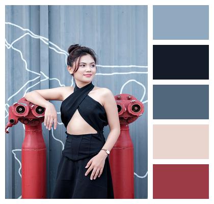 Model Outdoor Woman Black Dress Image