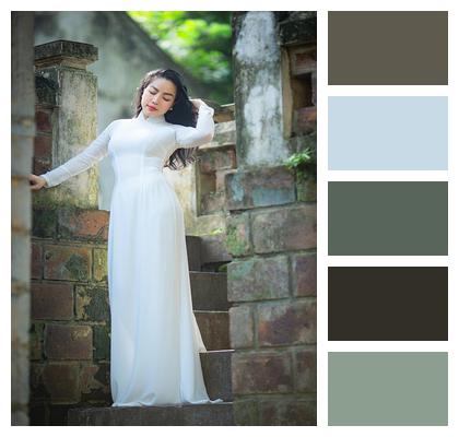 White Dress Asian Traditional Costume Vietnamese Image