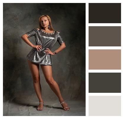 Glamour Style Metallic Caucasian Cute Fashion Blonde Model Silver Woman Portrait Posing Image