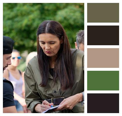 Woman Electoral Campaign Outdoors Writing Image