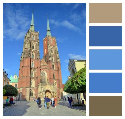 Tourists Stone Pavement Blue Sky Church Image