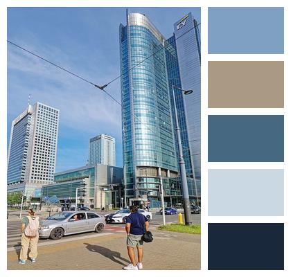 Tall Modern Cars People Buildings Towers Metropolis Warsaw Cityscape Architecture Street Image