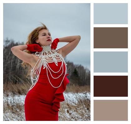 Winter Snow Pose Red Dress Image
