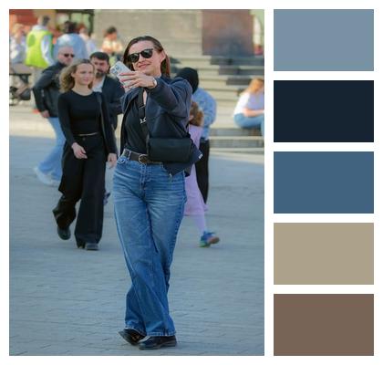 Pavement Jeans Tourist Photographing Image