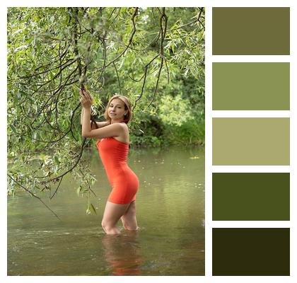 Red Dress River Portrait Figure Image