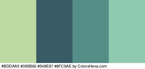 #BDDAA5 #385B66 #548E87 #8FC9AE Colors Logo