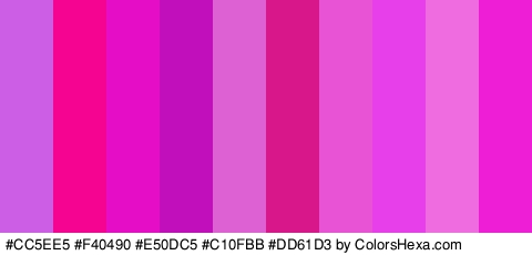 #CC5EE5 #F40490 #E50DC5 #C10FBB #DD61D3 #D8178B #E853D6 #E73FEA #EF6BE0 #ED1ED5 Colors Logo