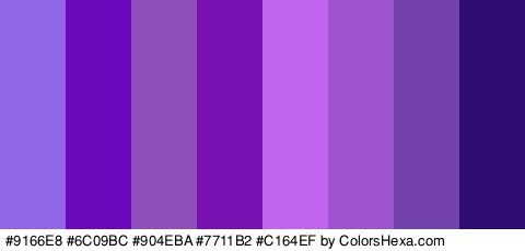 #9166E8 #6C09BC #904EBA #7711B2 #C164EF #9D54CE #7342AA #2E0C72 Colors Logo