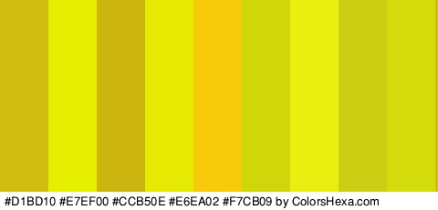 #D1BD10 #E7EF00 #CCB50E #E6EA02 #F7CB09 #CFD60A #EBEF10 #CBCE12 #D4DB0A Colors Logo