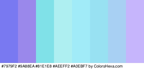 #7979F2 #9A88EA #81E1E8 #AEEFF2 #A0EBF7 #98E1F2 #A7D0F2 #C6B5FC Colors Logo