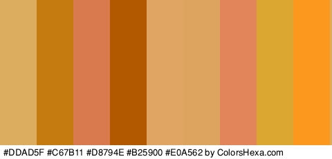 #DDAD5F #C67B11 #D8794E #B25900 #E0A562 #DDA45F #E2855A #DBA730 #FC981E Colors Logo