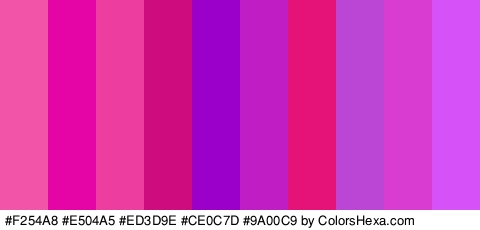 #F254A8 #E504A5 #ED3D9E #CE0C7D #9A00C9 #C11DC4 #E51278 #BB46D6 #D83CD0 #D651F7 Colors Logo