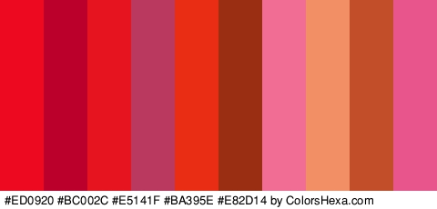#ED0920 #BC002C #E5141F #BA395E #E82D14 #992E13 #F26D94 #F28F65 #C14E28 #E8558D Colors Logo