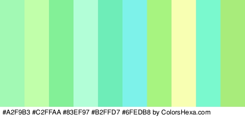 #A2F9B3 #C2FFAA #83EF97 #B2FFD7 #6FEDB8 #7DF2EA #A8F481 #F9FFB2 #7AF9CF #A8ED7B Colors Logo