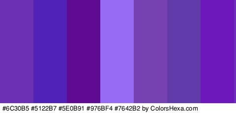 #6C30B5 #5122B7 #5E0B91 #976BF4 #7642B2 #623BAA #6D18BC Colors Logo