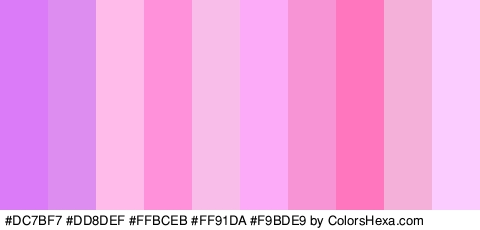 #DC7BF7 #DD8DEF #FFBCEB #FF91DA #F9BDE9 #FCABF8 #F794D6 #FF75BE #F4B0D9 #FBCCFF Colors Logo