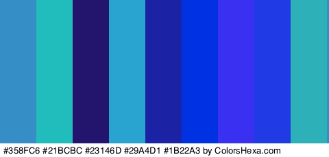 #358FC6 #21BCBC #23146D #29A4D1 #1B22A3 #0031E2 #3A30F2 #203AE5 #2DB0B7 Colors Logo