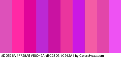#DD52BA #FF28A5 #E0049A #BC28D3 #C912A1 #EA359F #CB18E2 #F45DA6 #E246A9 #EF52F2 Colors Logo