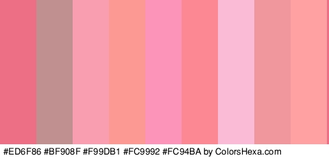 #ED6F86 #BF908F #F99DB1 #FC9992 #FC94BA #FC8893 #F9BBD5 #EF979C #FFA0A3 Colors Logo