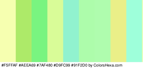 #F5FFAF #AEEA69 #7AF480 #D9FC99 #91F2D0 #ADFCAB #AFFCAE #EAEF88 #9EFFDB Colors Logo