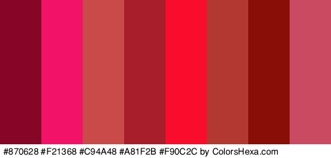 #870628 #F21368 #C94A48 #A81F2B #F90C2C #B23831 #890E08 #C94A61 Colors Logo