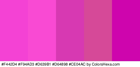 #F442D4 #F94AD3 #D639B1 #D64898 #CE04AC Colors Logo