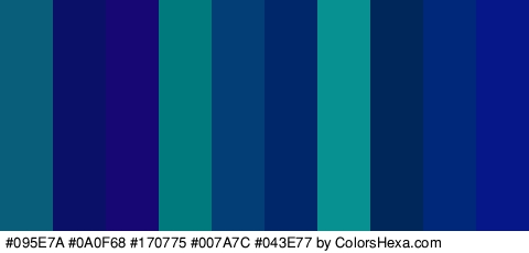 #095E7A #0A0F68 #170775 #007A7C #043E77 #01276B #089191 #002759 #00287A #061889 Colors Logo
