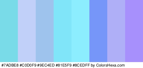 #7ADBE8 #C0D0F9 #9EC4ED #81E5F9 #8CEDFF #7796F9 #AFAFF7 #A78FFC Colors Logo
