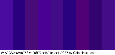 #4A0CA0 #2A007F #490B77 #480193 #430C87 #28027F #500175 #330470 #450C87 Colors Logo