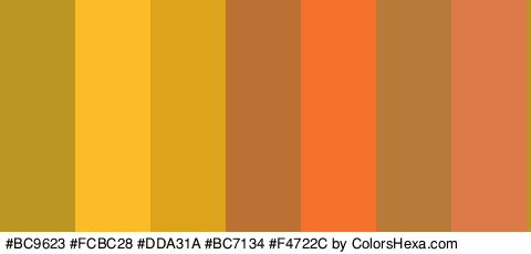 #BC9623 #FCBC28 #DDA31A #BC7134 #F4722C #B77A38 #DD7A49 Colors Logo