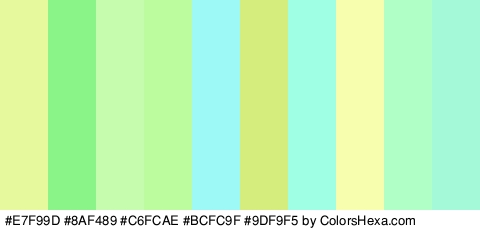 #E7F99D #8AF489 #C6FCAE #BCFC9F #9DF9F5 #D5ED7D #9EFFE5 #F7FFAF #AFFFC6 #A4F9D9 Colors Logo