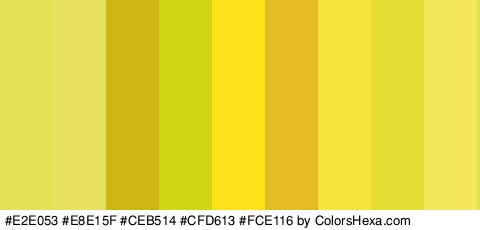 #E2E053 #E8E15F #CEB514 #CFD613 #FCE116 #E2BC22 #F7E43B #E5DC34 #F4E75A Colors Logo