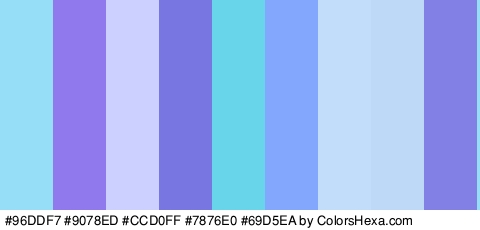 #96DDF7 #9078ED #CCD0FF #7876E0 #69D5EA #83A7FC #C2DDF9 #BED9F7 #8280E5 Colors Logo