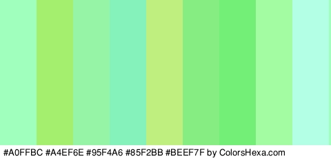 #A0FFBC #A4EF6E #95F4A6 #85F2BB #BEEF7F #85ED82 #73EF77 #A3FCA1 #B2FFE5 Colors Logo