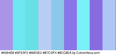 #A994E8 #6FE5F2 #66E0E2 #B7CDF4 #8CC8EA #8974E8 #7AF1F9 #886BE0 #ADC4F4 Colors Logo