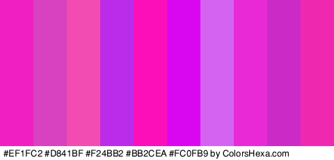 #EF1FC2 #D841BF #F24BB2 #BB2CEA #FC0FB9 #D807EF #D563F2 #E829D5 #CC2AC6 #EF28B0 Colors Logo