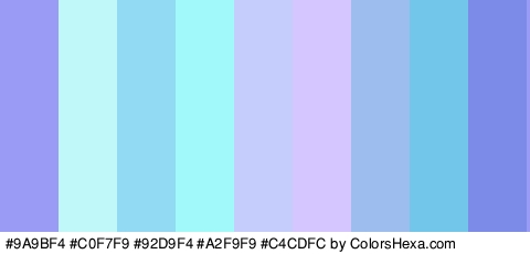 #9A9BF4 #C0F7F9 #92D9F4 #A2F9F9 #C4CDFC #D6C6FF #9EBDEF #72C6EA #7D8BE8 Colors Logo