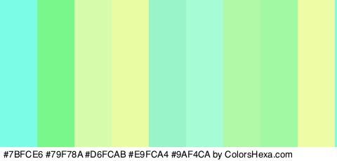 #7BFCE6 #79F78A #D6FCAB #E9FCA4 #9AF4CA #A6FCD4 #B1F9A7 #A2F9A3 #EEFCA6 Colors Logo