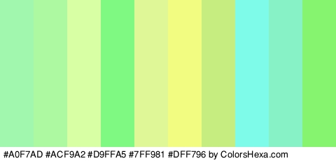 #A0F7AD #ACF9A2 #D9FFA5 #7FF981 #DFF796 #F2FC80 #C5ED80 #7EFCE9 #87F2C5 #86F46E Colors Logo
