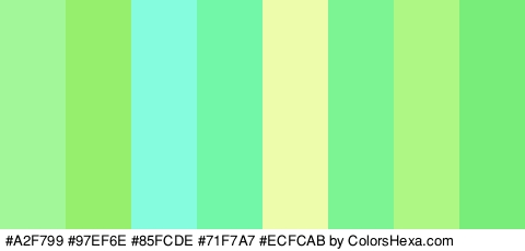 #A2F799 #97EF6E #85FCDE #71F7A7 #ECFCAB #7CF494 #AFF785 #78ED7A Colors Logo