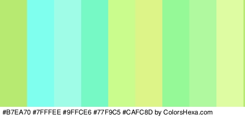 #B7EA70 #7FFFEE #9FFCE6 #77F9C5 #CAFC8D #DDF489 #95F997 #B1F99F #DEFCA1 Colors Logo