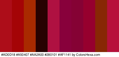 #AD0D18 #A50407 #AA2A00 #280101 #AF1141 #89013A #840234 #96002F #872704 #B7103A Colors Logo