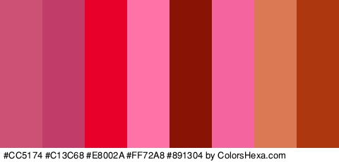 #CC5174 #C13C68 #E8002A #FF72A8 #891304 #F4649E #DB7955 #AD370F Colors Logo