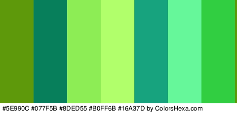#5E990C #077F5B #8DED55 #B0FF6B #16A37D #65F79A #31CE41 Colors Logo