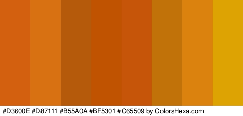 #D3600E #D87111 #B55A0A #BF5301 #C65509 #C17209 #DB810D #DDA302 Colors Logo