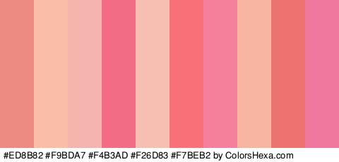 #ED8B82 #F9BDA7 #F4B3AD #F26D83 #F7BEB2 #F97079 #F47F9A #F7B4A0 #ED7371 #EF779D Colors Logo