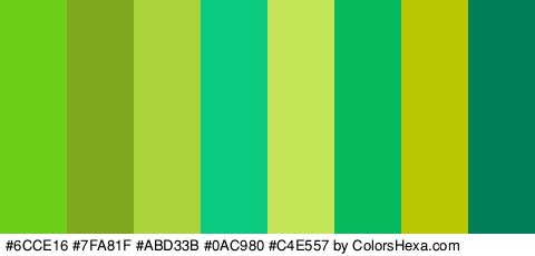 #6CCE16 #7FA81F #ABD33B #0AC980 #C4E557 #05BA5C #B9C601 #017F59 Colors Logo