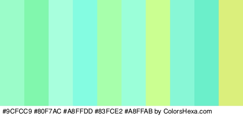 #9CFCC9 #80F7AC #A8FFDD #83FCE2 #A8FFAB #9BFFDA #CBFF91 #88F7D5 #6BEFCA #DAEF7C Colors Logo